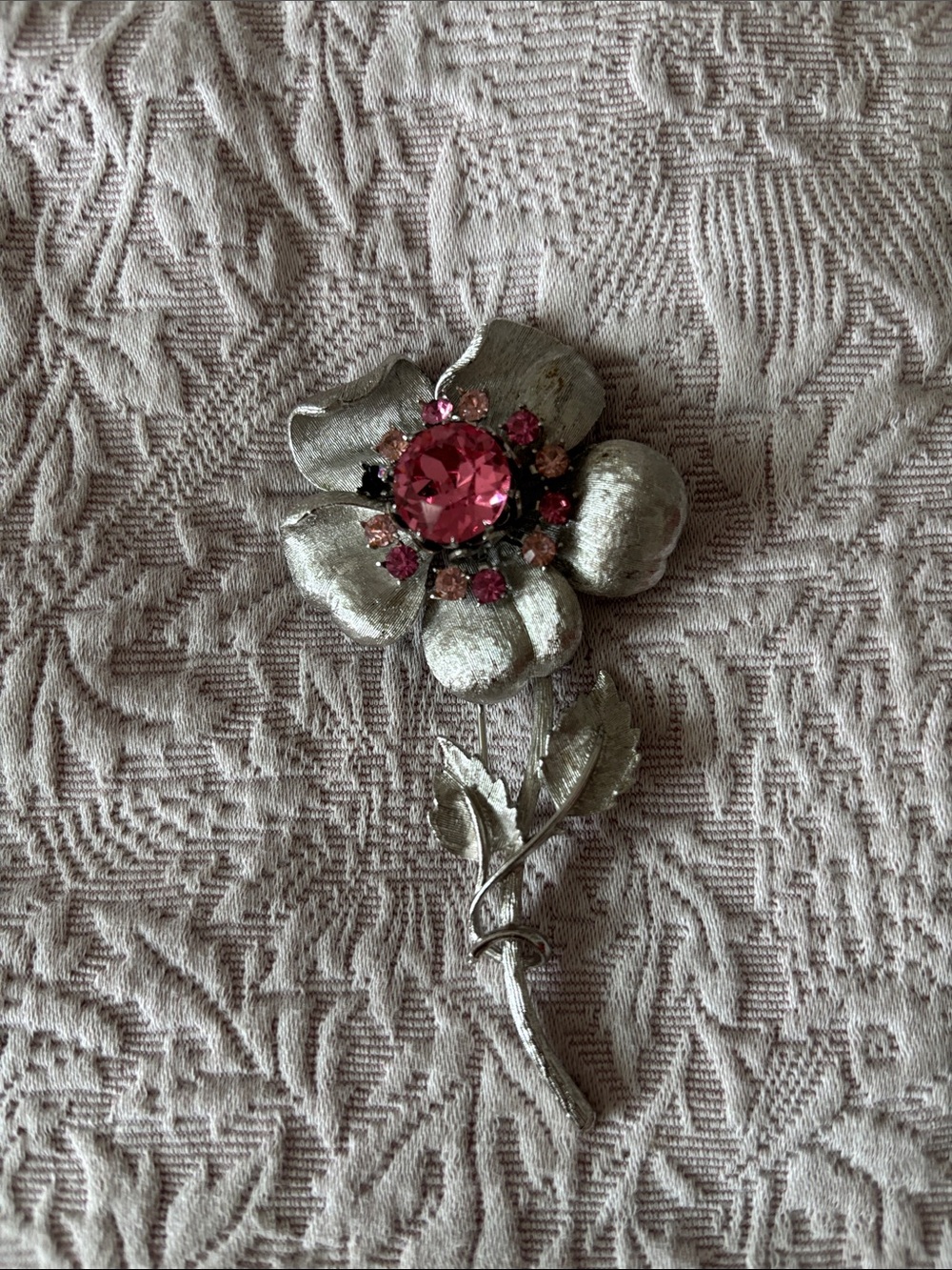 Vintage Silver Floral Brooch with Pink Crystal Accents
